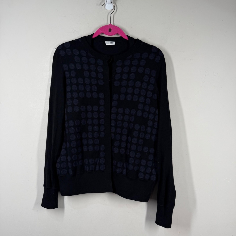 Akris Punto Women Black Navy Polka Dot 100% Wool Cardigan & Shell Twin Set Sz L